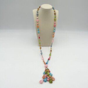 Vintage Multicolor Lucite Bead Necklace‎ 30" Dangling Beads Tassel Pendant